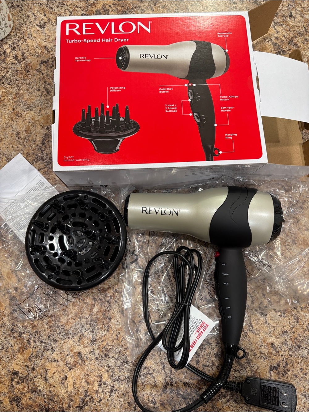 Revlon Metallic Champagne and Black Turbo-Speed Hair Dryer with Diffuser